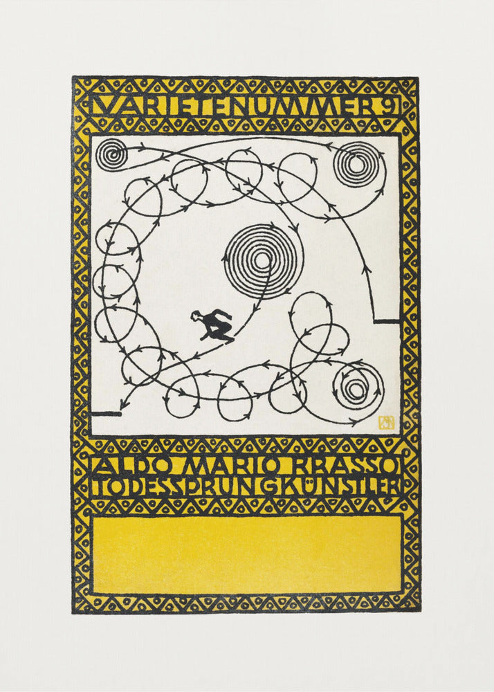 A framed vintage German poster with a yellow and black geometric border. The center features a white background with a black silhouette of a performer navigating a complex, looping path marked with arrows, alongside spiral patterns. Stylized German text appears at the top and bottom. Poster