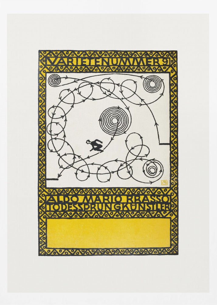 A framed vintage German poster with a yellow and black geometric border. The center features a white background with a black silhouette of a performer navigating a complex, looping path marked with arrows, alongside spiral patterns. Stylized German text appears at the top and bottom. Poster