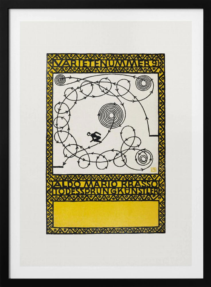 A framed vintage German poster with a yellow and black geometric border. The center features a white background with a black silhouette of a performer navigating a complex, looping path marked with arrows, alongside spiral patterns. Stylized German text appears at the top and bottom. Poster