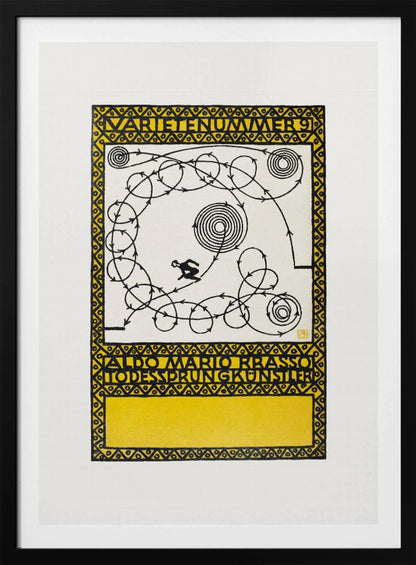 A framed vintage German poster with a yellow and black geometric border. The center features a white background with a black silhouette of a performer navigating a complex, looping path marked with arrows, alongside spiral patterns. Stylized German text appears at the top and bottom. Poster