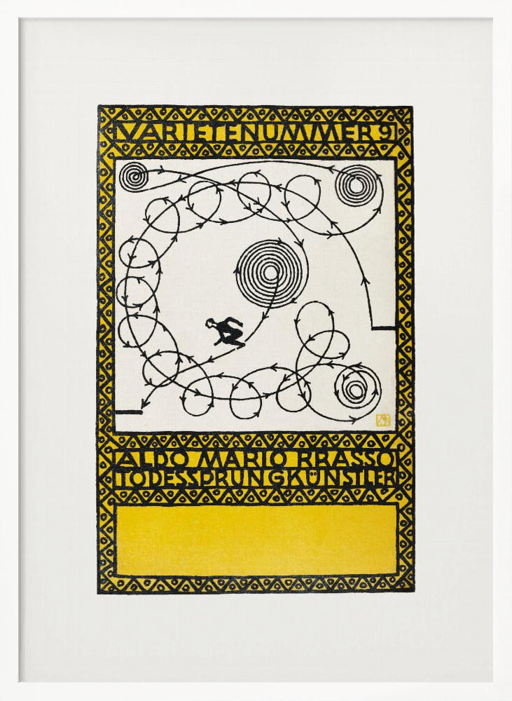 A framed vintage German poster with a yellow and black geometric border. The center features a white background with a black silhouette of a performer navigating a complex, looping path marked with arrows, alongside spiral patterns. Stylized German text appears at the top and bottom. Poster