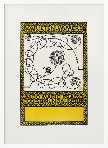 A framed vintage German poster with a yellow and black geometric border. The center features a white background with a black silhouette of a performer navigating a complex, looping path marked with arrows, alongside spiral patterns. Stylized German text appears at the top and bottom. Poster