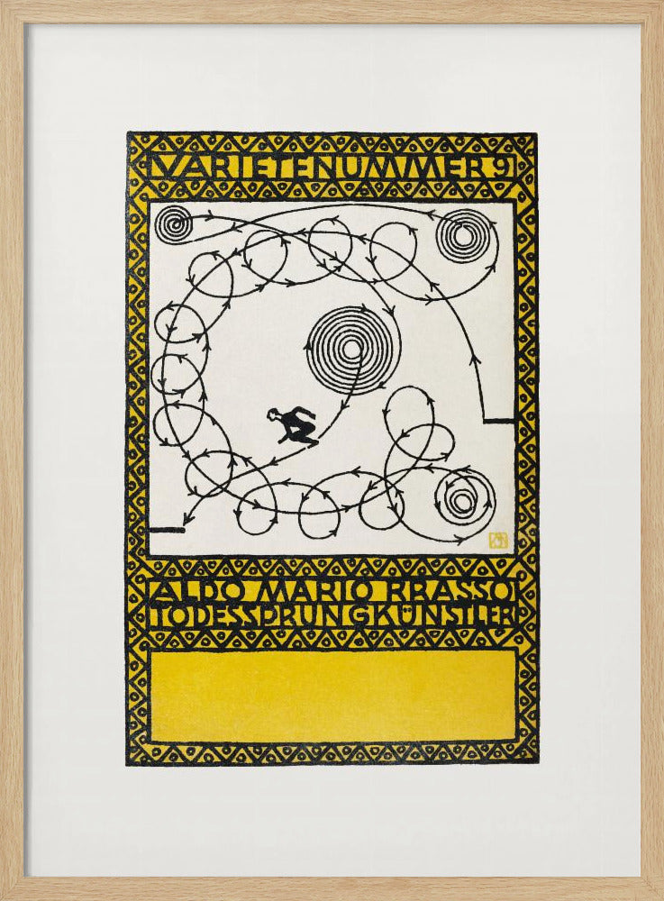 A framed vintage German poster with a yellow and black geometric border. The center features a white background with a black silhouette of a performer navigating a complex, looping path marked with arrows, alongside spiral patterns. Stylized German text appears at the top and bottom. Poster