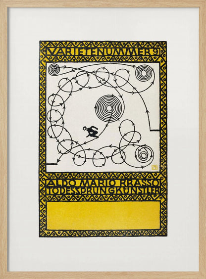 A framed vintage German poster with a yellow and black geometric border. The center features a white background with a black silhouette of a performer navigating a complex, looping path marked with arrows, alongside spiral patterns. Stylized German text appears at the top and bottom. Poster