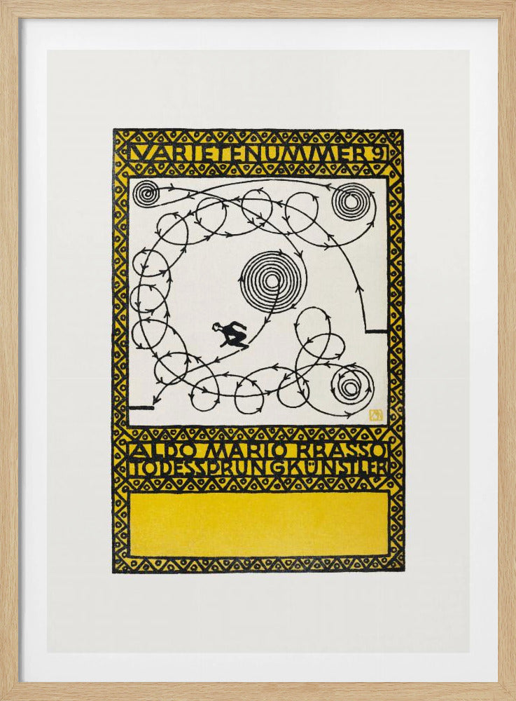 A framed vintage German poster with a yellow and black geometric border. The center features a white background with a black silhouette of a performer navigating a complex, looping path marked with arrows, alongside spiral patterns. Stylized German text appears at the top and bottom. Poster