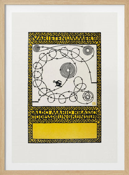 A framed vintage German poster with a yellow and black geometric border. The center features a white background with a black silhouette of a performer navigating a complex, looping path marked with arrows, alongside spiral patterns. Stylized German text appears at the top and bottom. Poster