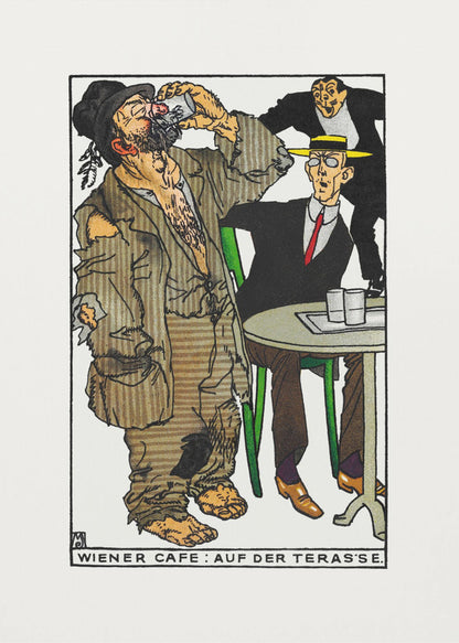 A vintage cartoon illustration titled 'Wiener Cafe: Auf der Teras'se' depicting a social scene. A large, barefoot man in ragged brown clothes drinks from a glass, disturbing a well-dressed man in a suit and yellow hat sitting at a green cafe table. Another man in the background smiles mischievously. Wall Art