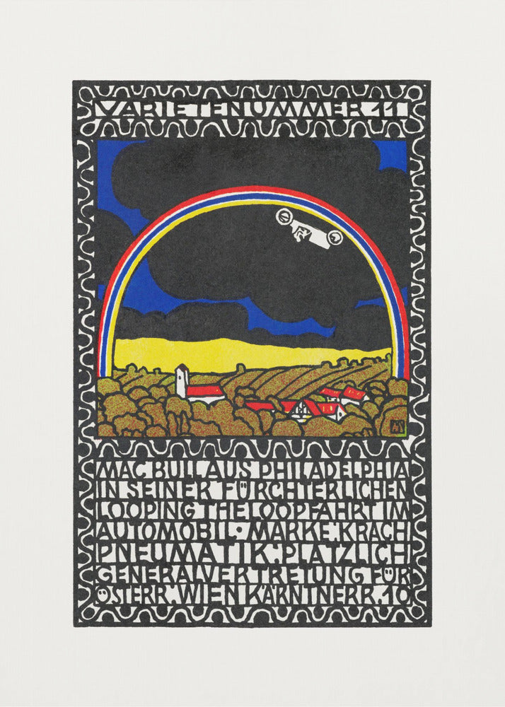 A vintage Art Nouveau style poster featuring a white race car driving along a rainbow arch. Below the rainbow is a stylized landscape of golden hills and red-roofed houses under a dark sky. The artwork is framed by a decorative border and includes large blocks of stylized text. Print