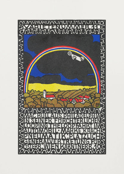 A vintage Art Nouveau style poster featuring a white race car driving along a rainbow arch. Below the rainbow is a stylized landscape of golden hills and red-roofed houses under a dark sky. The artwork is framed by a decorative border and includes large blocks of stylized text. Print