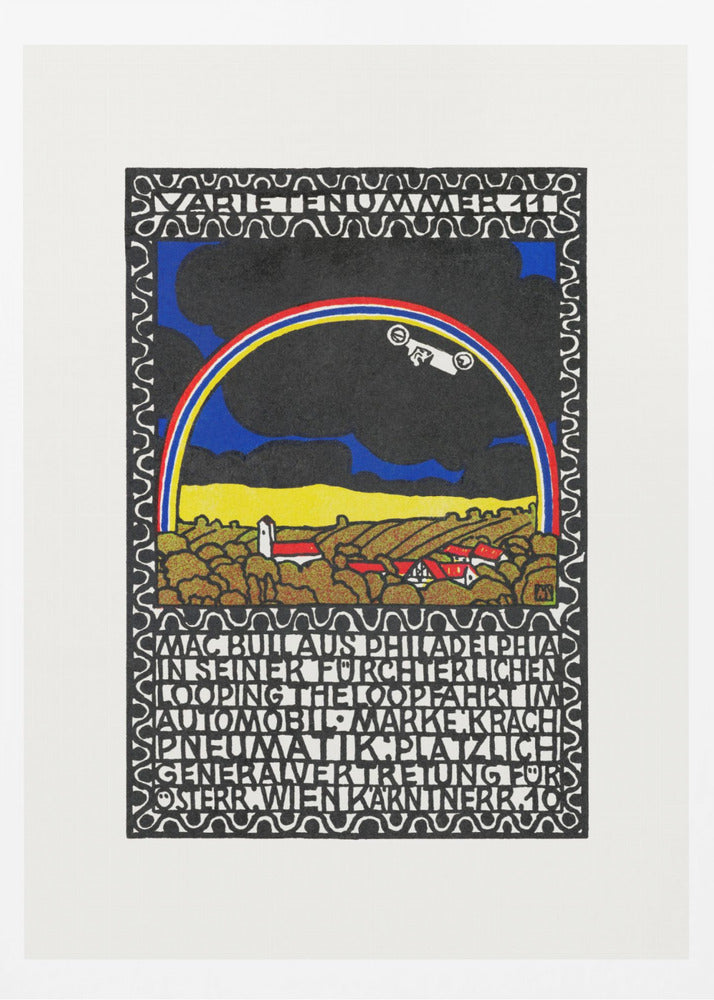 A vintage Art Nouveau style poster featuring a white race car driving along a rainbow arch. Below the rainbow is a stylized landscape of golden hills and red-roofed houses under a dark sky. The artwork is framed by a decorative border and includes large blocks of stylized text. Print