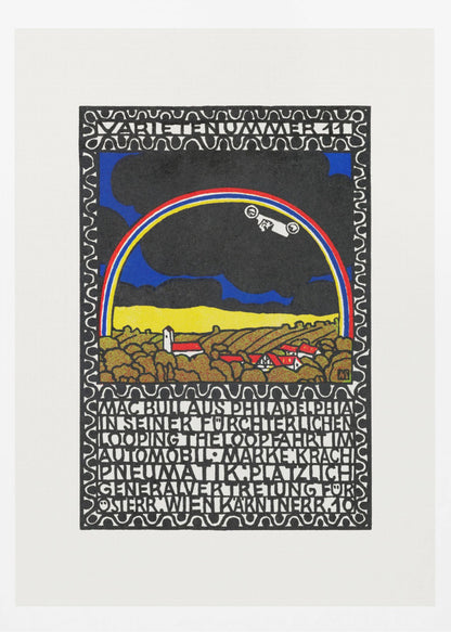 A vintage Art Nouveau style poster featuring a white race car driving along a rainbow arch. Below the rainbow is a stylized landscape of golden hills and red-roofed houses under a dark sky. The artwork is framed by a decorative border and includes large blocks of stylized text. Print