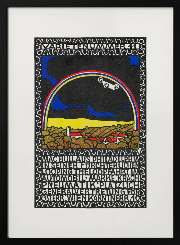 A vintage Art Nouveau style poster featuring a white race car driving along a rainbow arch. Below the rainbow is a stylized landscape of golden hills and red-roofed houses under a dark sky. The artwork is framed by a decorative border and includes large blocks of stylized text. Print