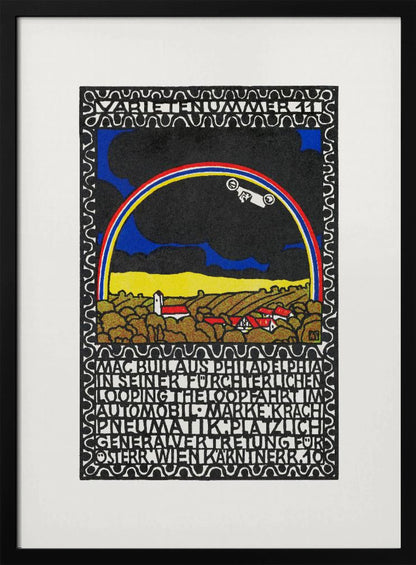 A vintage Art Nouveau style poster featuring a white race car driving along a rainbow arch. Below the rainbow is a stylized landscape of golden hills and red-roofed houses under a dark sky. The artwork is framed by a decorative border and includes large blocks of stylized text. Print