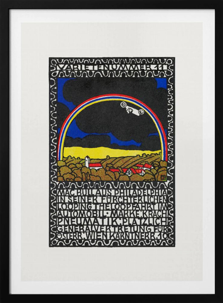 A vintage Art Nouveau style poster featuring a white race car driving along a rainbow arch. Below the rainbow is a stylized landscape of golden hills and red-roofed houses under a dark sky. The artwork is framed by a decorative border and includes large blocks of stylized text. Print
