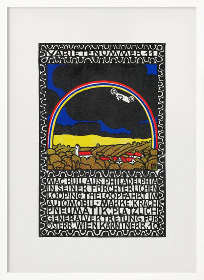 A vintage Art Nouveau style poster featuring a white race car driving along a rainbow arch. Below the rainbow is a stylized landscape of golden hills and red-roofed houses under a dark sky. The artwork is framed by a decorative border and includes large blocks of stylized text. Print
