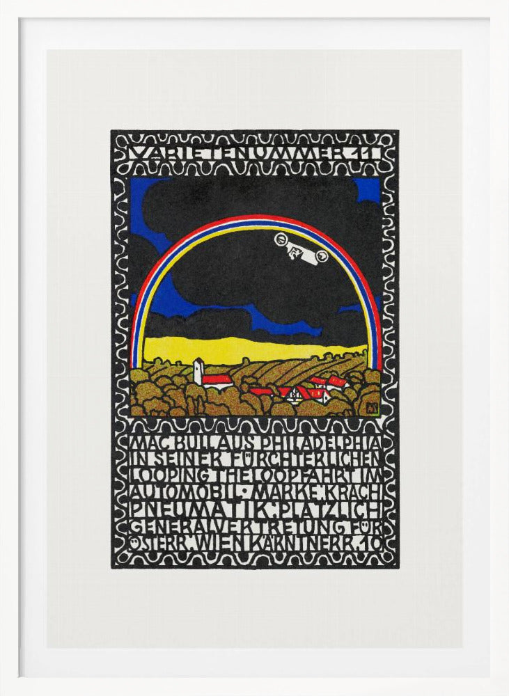 A vintage Art Nouveau style poster featuring a white race car driving along a rainbow arch. Below the rainbow is a stylized landscape of golden hills and red-roofed houses under a dark sky. The artwork is framed by a decorative border and includes large blocks of stylized text. Print