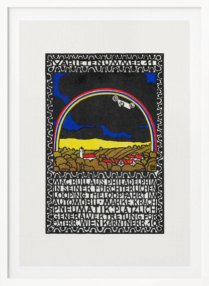 A vintage Art Nouveau style poster featuring a white race car driving along a rainbow arch. Below the rainbow is a stylized landscape of golden hills and red-roofed houses under a dark sky. The artwork is framed by a decorative border and includes large blocks of stylized text. Print