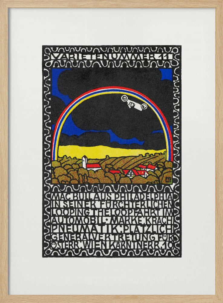 A vintage Art Nouveau style poster featuring a white race car driving along a rainbow arch. Below the rainbow is a stylized landscape of golden hills and red-roofed houses under a dark sky. The artwork is framed by a decorative border and includes large blocks of stylized text. Print
