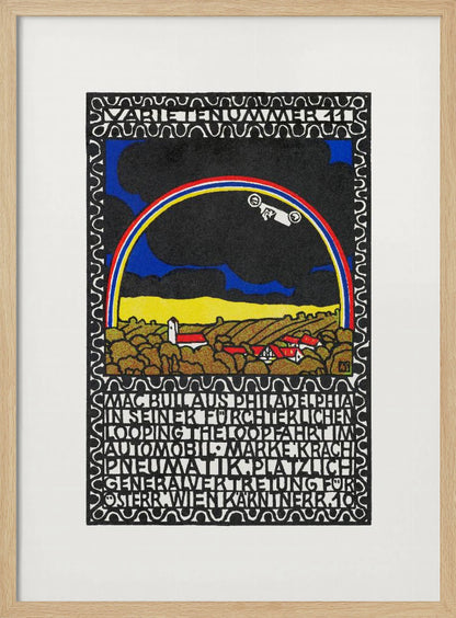 A vintage Art Nouveau style poster featuring a white race car driving along a rainbow arch. Below the rainbow is a stylized landscape of golden hills and red-roofed houses under a dark sky. The artwork is framed by a decorative border and includes large blocks of stylized text. Print