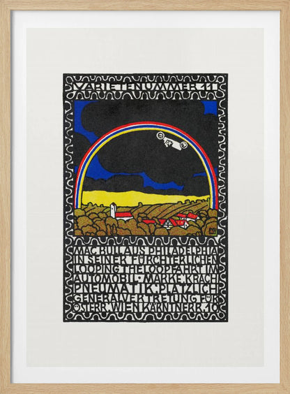 A vintage Art Nouveau style poster featuring a white race car driving along a rainbow arch. Below the rainbow is a stylized landscape of golden hills and red-roofed houses under a dark sky. The artwork is framed by a decorative border and includes large blocks of stylized text. Print