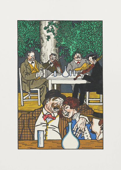 A colorful vintage illustration depicting two lively scenes. In the foreground, a mustached man and a woman are cozied up at a table. In the background, a group of four men sit under a leafy green tree, two of whom are playing violins. The artwork has a graphic, woodcut style and is framed in black. Artwork