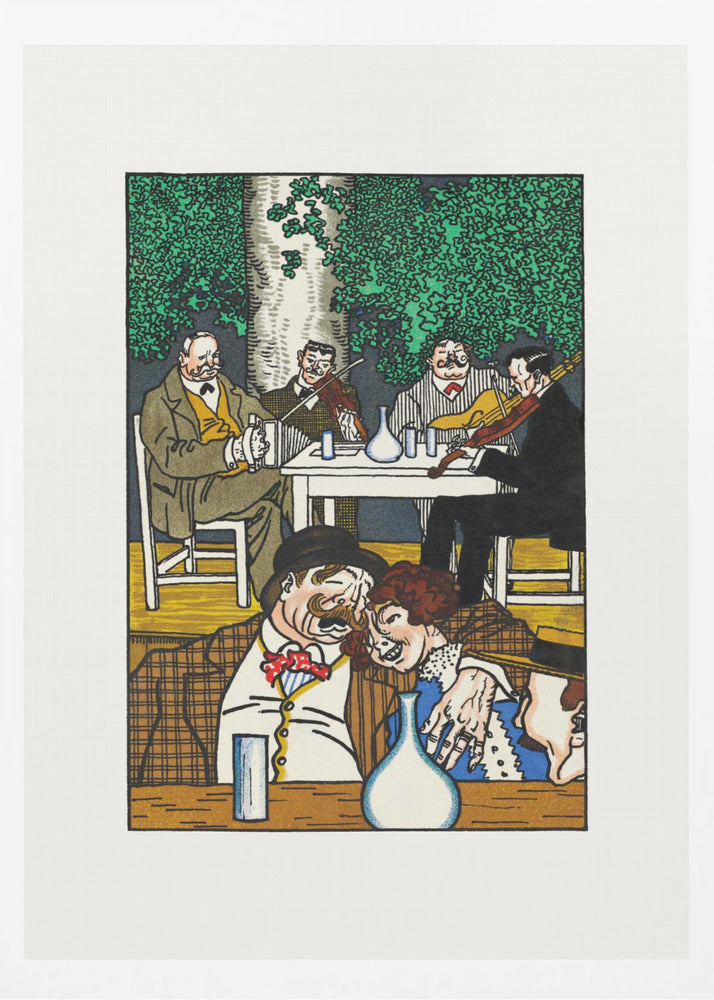 A colorful vintage illustration depicting two lively scenes. In the foreground, a mustached man and a woman are cozied up at a table. In the background, a group of four men sit under a leafy green tree, two of whom are playing violins. The artwork has a graphic, woodcut style and is framed in black. Artwork