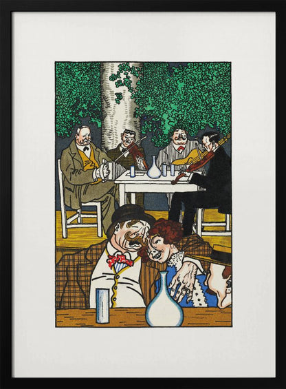 A colorful vintage illustration depicting two lively scenes. In the foreground, a mustached man and a woman are cozied up at a table. In the background, a group of four men sit under a leafy green tree, two of whom are playing violins. The artwork has a graphic, woodcut style and is framed in black. Artwork