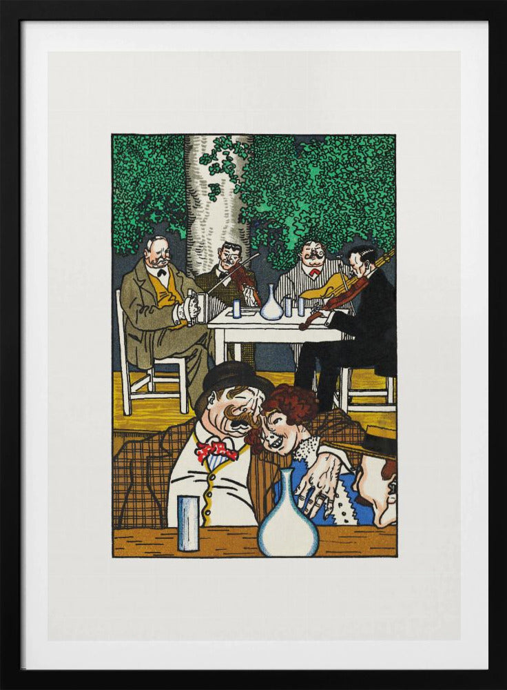 A colorful vintage illustration depicting two lively scenes. In the foreground, a mustached man and a woman are cozied up at a table. In the background, a group of four men sit under a leafy green tree, two of whom are playing violins. The artwork has a graphic, woodcut style and is framed in black. Artwork
