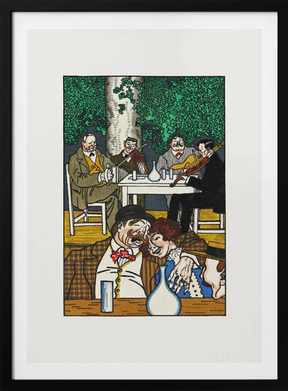 A colorful vintage illustration depicting two lively scenes. In the foreground, a mustached man and a woman are cozied up at a table. In the background, a group of four men sit under a leafy green tree, two of whom are playing violins. The artwork has a graphic, woodcut style and is framed in black. Artwork