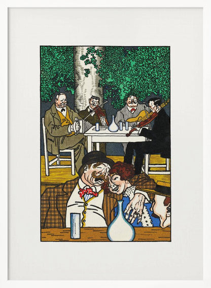 A colorful vintage illustration depicting two lively scenes. In the foreground, a mustached man and a woman are cozied up at a table. In the background, a group of four men sit under a leafy green tree, two of whom are playing violins. The artwork has a graphic, woodcut style and is framed in black. Artwork