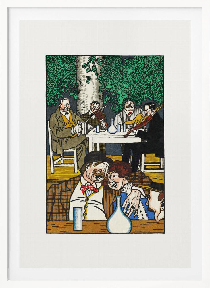 A colorful vintage illustration depicting two lively scenes. In the foreground, a mustached man and a woman are cozied up at a table. In the background, a group of four men sit under a leafy green tree, two of whom are playing violins. The artwork has a graphic, woodcut style and is framed in black. Artwork
