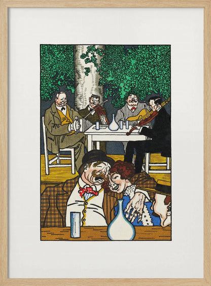 A colorful vintage illustration depicting two lively scenes. In the foreground, a mustached man and a woman are cozied up at a table. In the background, a group of four men sit under a leafy green tree, two of whom are playing violins. The artwork has a graphic, woodcut style and is framed in black. Artwork