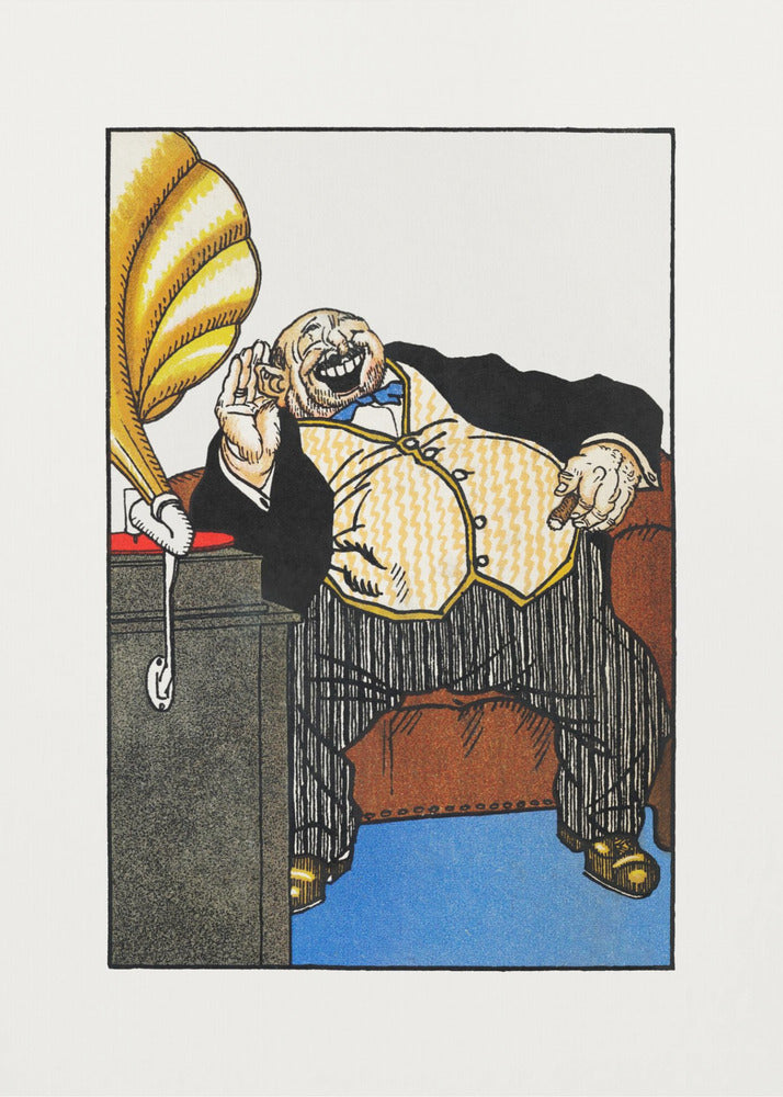 A vintage cartoon illustration of a large, wealthy man in a tuxedo laughing heartily while sitting in a brown armchair. He holds a cigar in one hand and cups his other hand to his ear, listening to a golden gramophone next to him. The artwork is framed in black with a wide white mat. Print