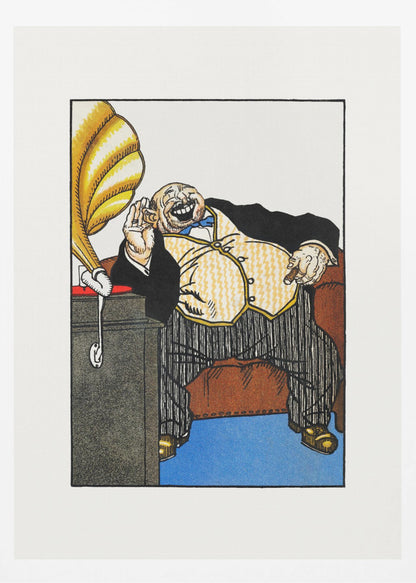 A vintage cartoon illustration of a large, wealthy man in a tuxedo laughing heartily while sitting in a brown armchair. He holds a cigar in one hand and cups his other hand to his ear, listening to a golden gramophone next to him. The artwork is framed in black with a wide white mat. Print