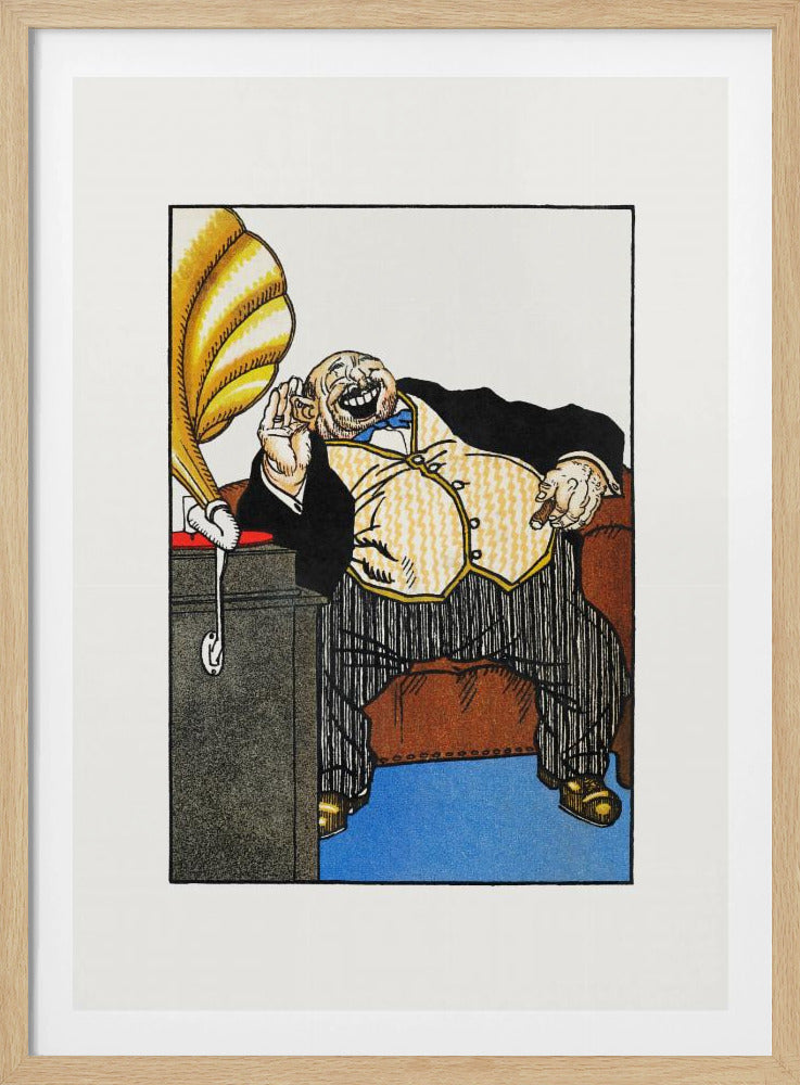 A vintage cartoon illustration of a large, wealthy man in a tuxedo laughing heartily while sitting in a brown armchair. He holds a cigar in one hand and cups his other hand to his ear, listening to a golden gramophone next to him. The artwork is framed in black with a wide white mat. Print