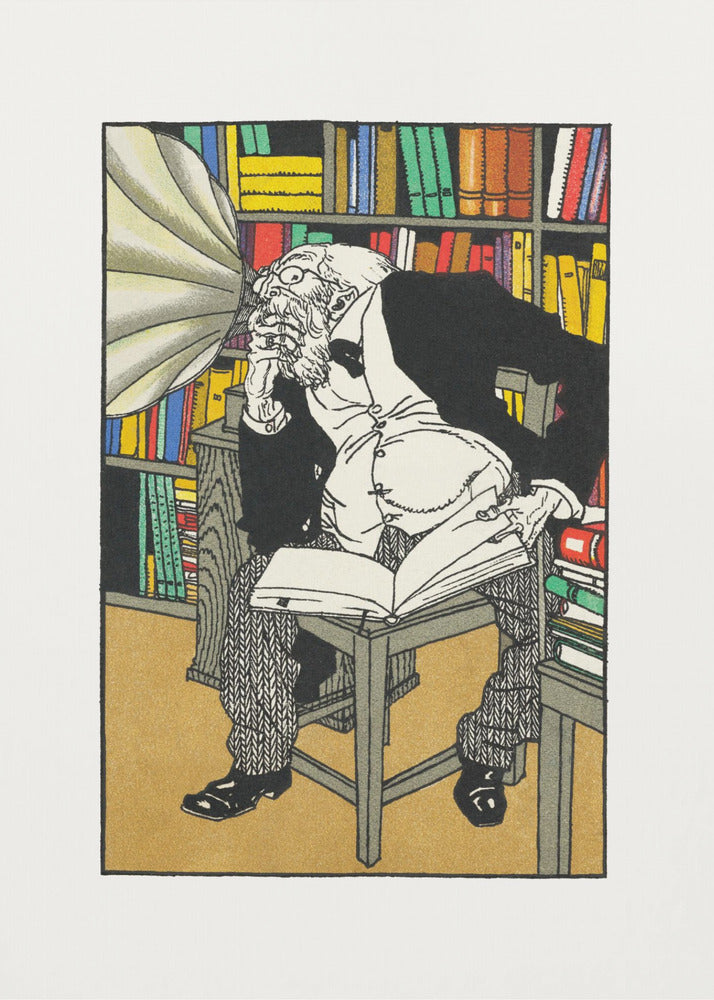 A vintage color illustration of an elderly, bearded scholar in a black suit sitting in his library, surrounded by bookshelves. He is hunched over a book, deep in thought, while a large gramophone horn is pointed directly at his ear. Print