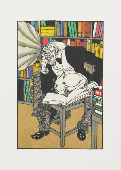 A vintage color illustration of an elderly, bearded scholar in a black suit sitting in his library, surrounded by bookshelves. He is hunched over a book, deep in thought, while a large gramophone horn is pointed directly at his ear. Print