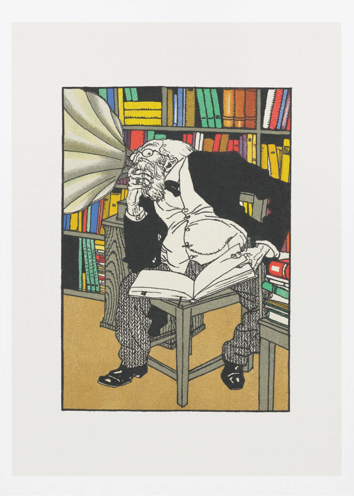 A vintage color illustration of an elderly, bearded scholar in a black suit sitting in his library, surrounded by bookshelves. He is hunched over a book, deep in thought, while a large gramophone horn is pointed directly at his ear. Print