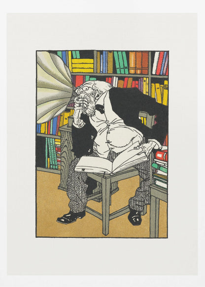 A vintage color illustration of an elderly, bearded scholar in a black suit sitting in his library, surrounded by bookshelves. He is hunched over a book, deep in thought, while a large gramophone horn is pointed directly at his ear. Print