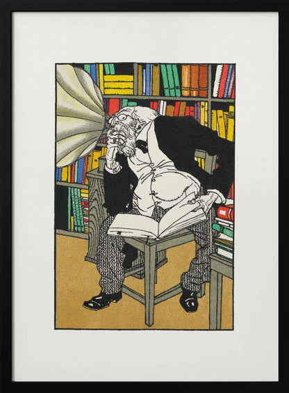 A vintage color illustration of an elderly, bearded scholar in a black suit sitting in his library, surrounded by bookshelves. He is hunched over a book, deep in thought, while a large gramophone horn is pointed directly at his ear. Print