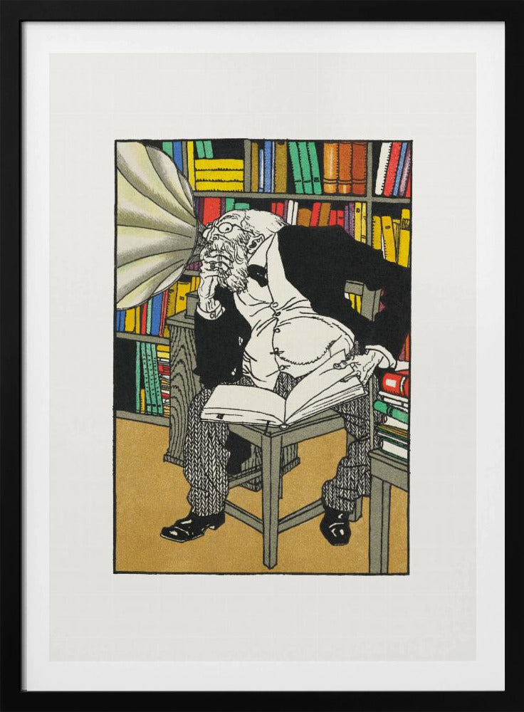 A vintage color illustration of an elderly, bearded scholar in a black suit sitting in his library, surrounded by bookshelves. He is hunched over a book, deep in thought, while a large gramophone horn is pointed directly at his ear. Print