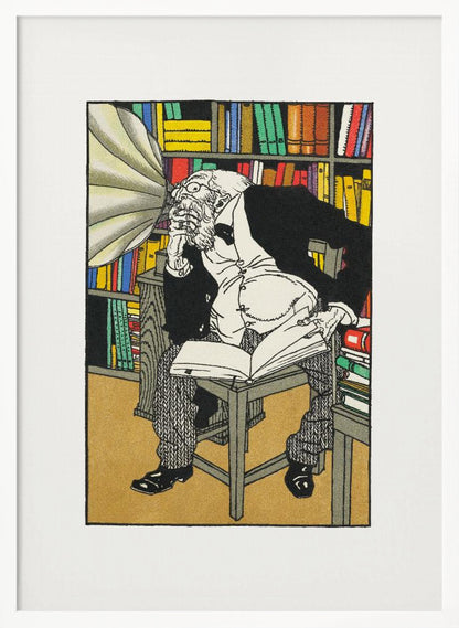 A vintage color illustration of an elderly, bearded scholar in a black suit sitting in his library, surrounded by bookshelves. He is hunched over a book, deep in thought, while a large gramophone horn is pointed directly at his ear. Print