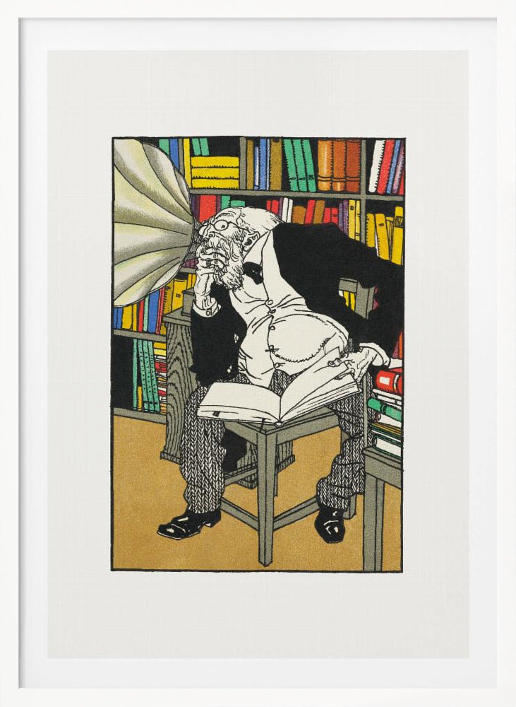 A vintage color illustration of an elderly, bearded scholar in a black suit sitting in his library, surrounded by bookshelves. He is hunched over a book, deep in thought, while a large gramophone horn is pointed directly at his ear. Print