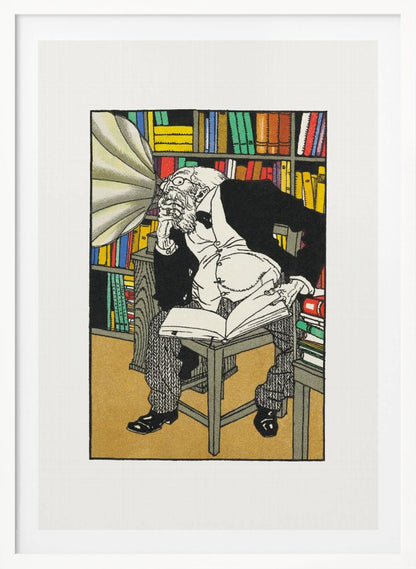 A vintage color illustration of an elderly, bearded scholar in a black suit sitting in his library, surrounded by bookshelves. He is hunched over a book, deep in thought, while a large gramophone horn is pointed directly at his ear. Print