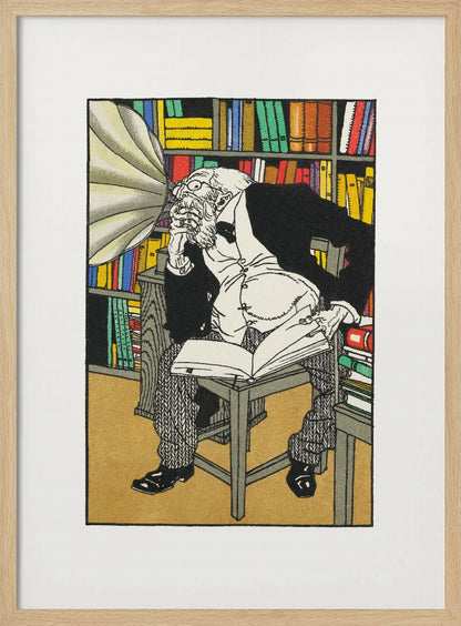 A vintage color illustration of an elderly, bearded scholar in a black suit sitting in his library, surrounded by bookshelves. He is hunched over a book, deep in thought, while a large gramophone horn is pointed directly at his ear. Print