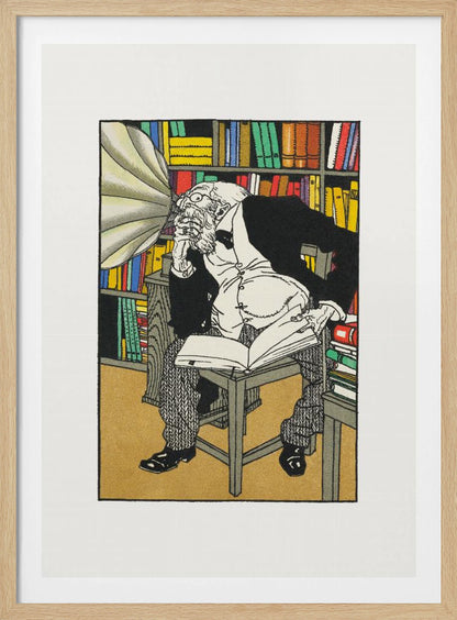 A vintage color illustration of an elderly, bearded scholar in a black suit sitting in his library, surrounded by bookshelves. He is hunched over a book, deep in thought, while a large gramophone horn is pointed directly at his ear. Print