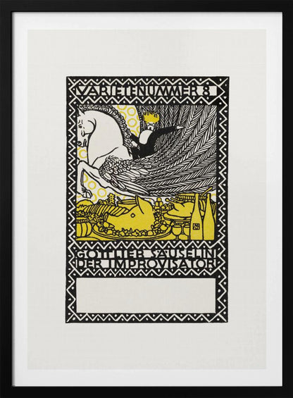 A vintage German art print in a black, white, and yellow woodcut style. It depicts a crowned figure riding a white winged horse, or Pegasus, over a lavish yellow feast. The image is framed by a decorative border and includes German text reading 'VARIETENUMMER 8' and 'GOTTLIEB SAUSELINI DER IMPROVISATOR'. Print