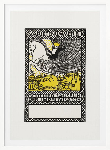 A vintage German art print in a black, white, and yellow woodcut style. It depicts a crowned figure riding a white winged horse, or Pegasus, over a lavish yellow feast. The image is framed by a decorative border and includes German text reading 'VARIETENUMMER 8' and 'GOTTLIEB SAUSELINI DER IMPROVISATOR'. Print