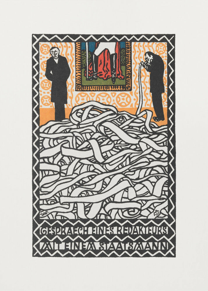 A vintage expressionist woodcut print titled 'Gespräch eines Redakteurs mit einem Staatsmann'. The artwork features two men in black suits standing on either side of a massive, tangled pile of white ticker tape. The man on the right appears to be consuming the tape. Above them is a small, colorful panel depicting a figure in red. The piece is characterized by bold black lines, an orange patterned background, and stylized German text at the bottom. Artwork