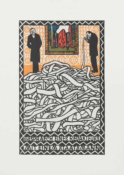 A vintage expressionist woodcut print titled 'Gespräch eines Redakteurs mit einem Staatsmann'. The artwork features two men in black suits standing on either side of a massive, tangled pile of white ticker tape. The man on the right appears to be consuming the tape. Above them is a small, colorful panel depicting a figure in red. The piece is characterized by bold black lines, an orange patterned background, and stylized German text at the bottom. Artwork